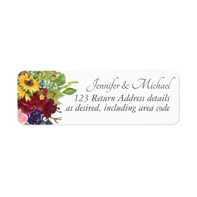 Sunflowers Burgundy Navy Roses Floral Wedding Label (Front)
