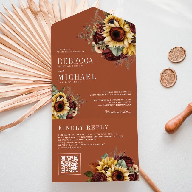  Sunflowers Burgundy QR Code Terracotta Wedding All In One Invitation (Creator Uploaded)