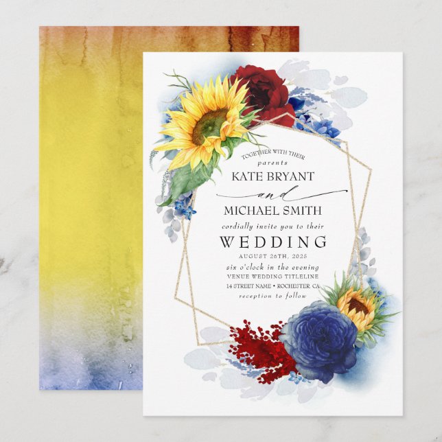 Sunflowers Burgundy Red and Navy Blue Fall Wedding Invitation (Front/Back)