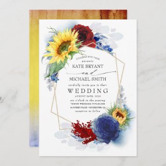 Navy Blue and Sunflower Wedding Invitations, Burgundy Red Roses Fall