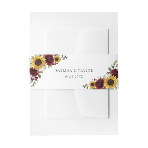 Sunflowers Burgundy Red Floral Rustic Wedding Invitation Belly Band
