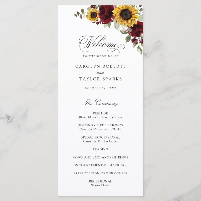Sunflowers Burgundy Red Floral Rustic Wedding Program (Front)