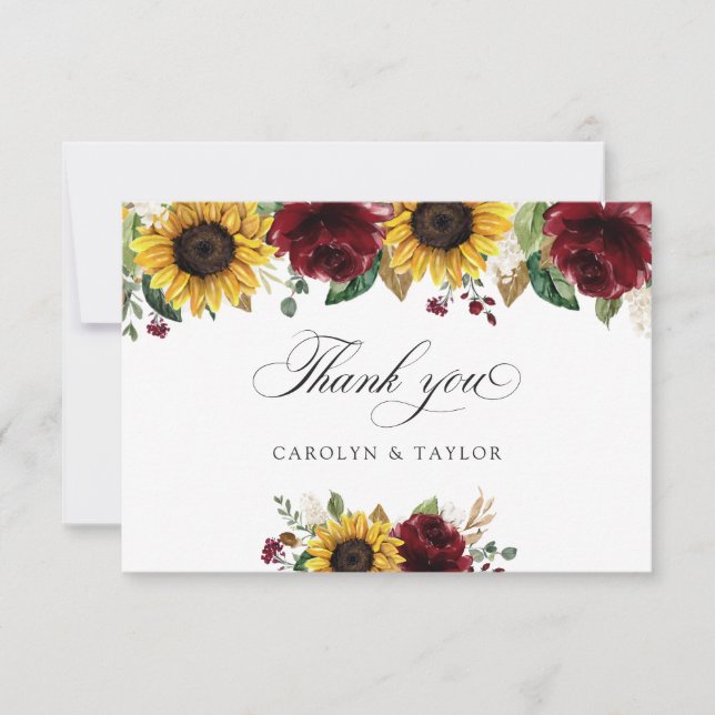 Sunflowers Burgundy Red Floral Rustic Wedding Thank You Card (Front)