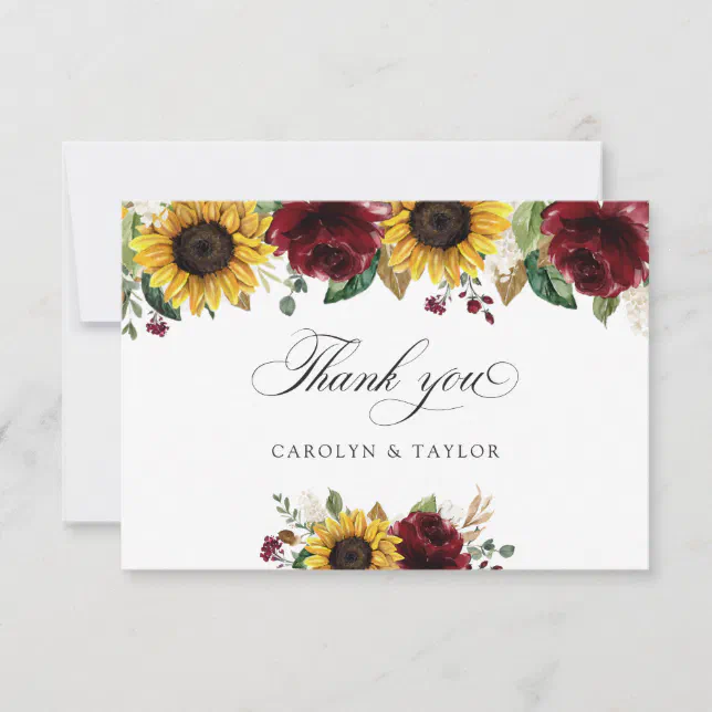 Sunflowers Burgundy Red Floral Rustic Wedding Thank You Card | Zazzle