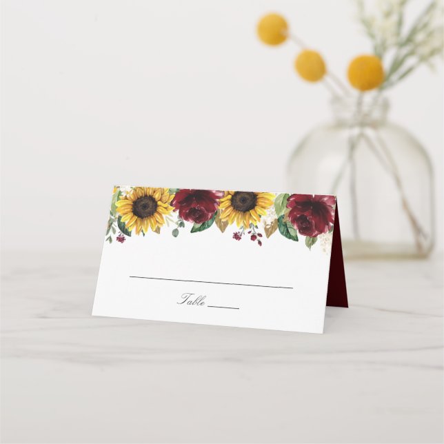 Sunflowers Burgundy Red Flowers Wedding Place Card (Front)
