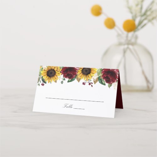 Sunflowers Burgundy Red Flowers Wedding Place Card