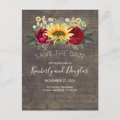 Sunflowers  Burgundy Red Rose Fall Save the Date Announcement Postcard