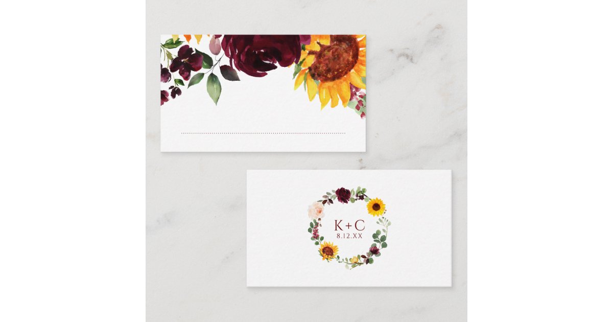 Sunflowers Burgundy Red Roses Fall Autumn Wedding Place Card | Zazzle