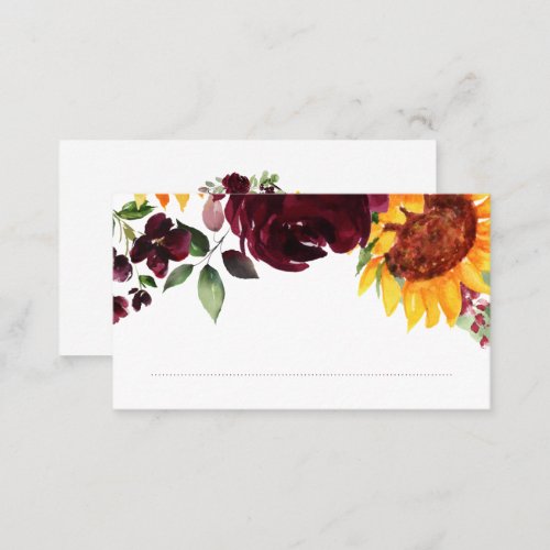 Sunflowers Burgundy Red Roses Fall Autumn Wedding Place Card