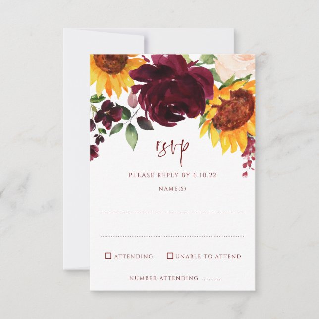 Sunflowers & Burgundy Red Roses Fall Wedding RSVP Card (Front)