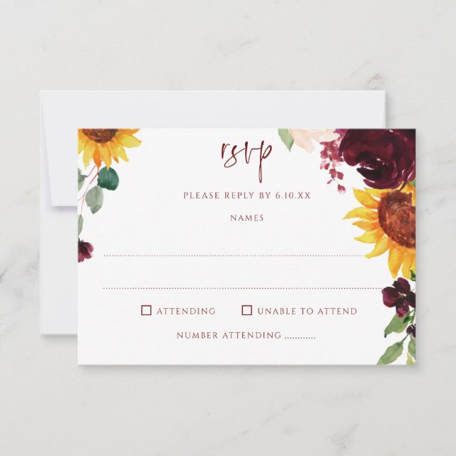 Sunflowers & Burgundy Red Roses Fall Wedding RSVP Card (Front)