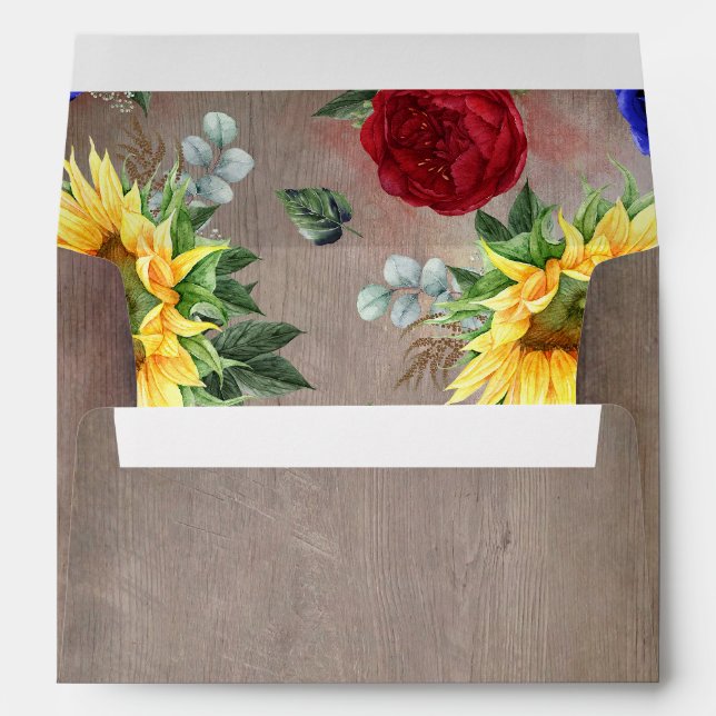Sunflowers Burgundy Red Roses Navy Blue Rustic Envelope (Back (Bottom))