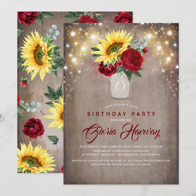 Sunflowers Burgundy Red Roses Rustic Fall Birthday Invitation (Front/Back)