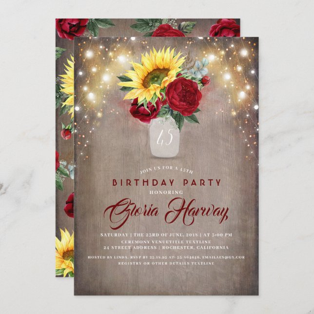 Sunflowers Burgundy Red Roses Rustic Fall Birthday Invitation (Front/Back)