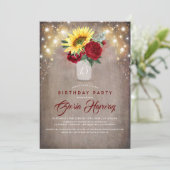 Sunflowers Burgundy Red Roses Rustic Fall Birthday Invitation (Standing Front)
