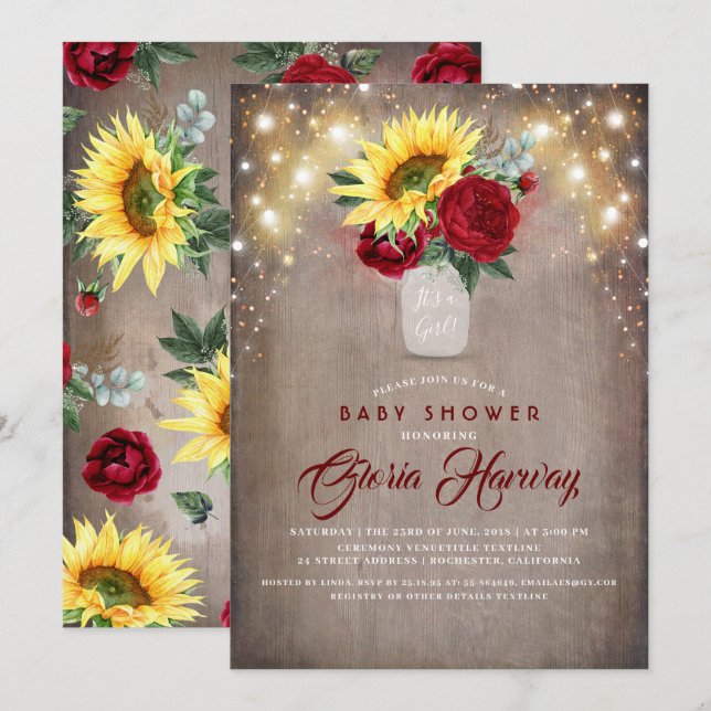 Sunflowers Burgundy Red Rustic Fall Baby Shower Invitation (Front/Back)