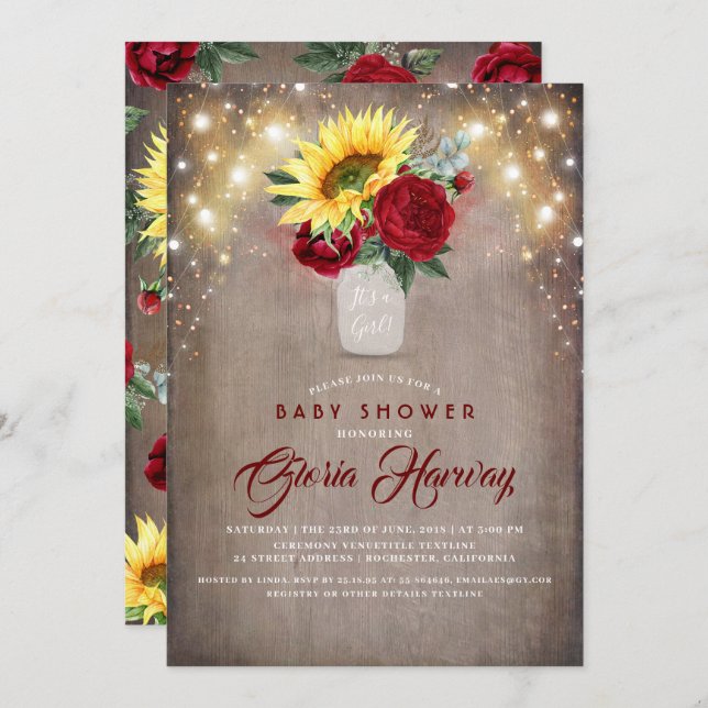 Sunflowers Burgundy Red Rustic Fall Baby Shower Invitation (Front/Back)