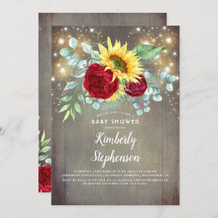 Sunflowers Burgundy Red Rustic Fall Baby Shower Invitation