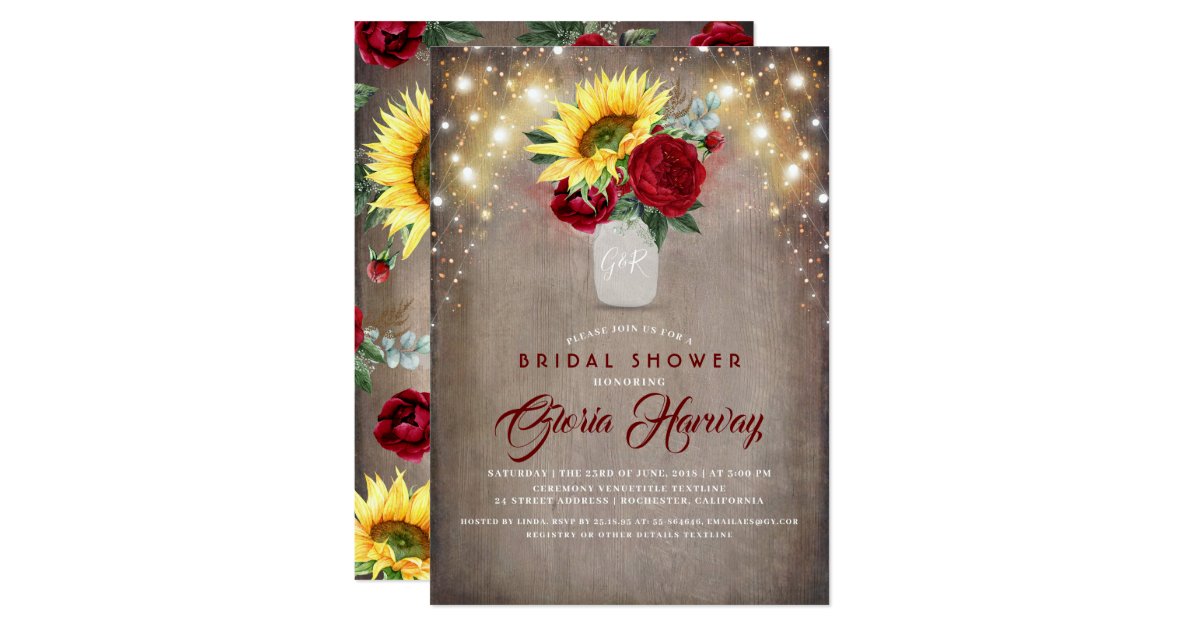 Sunflowers Burgundy Red Rustic Fall Bridal Shower Invitation | Zazzle.com