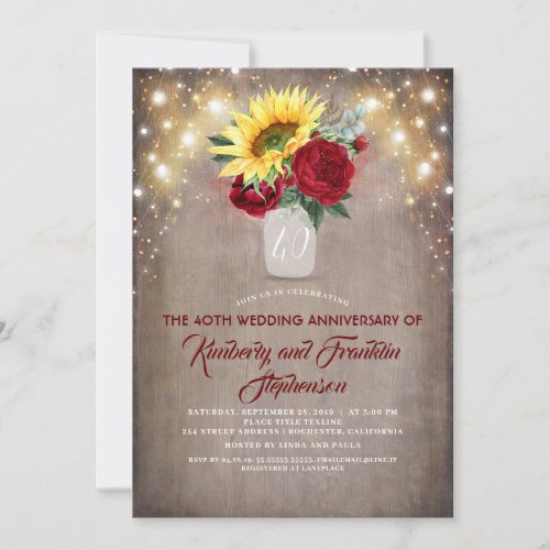 Sunflowers Burgundy Red Rustic Wedding Anniversary Invitation