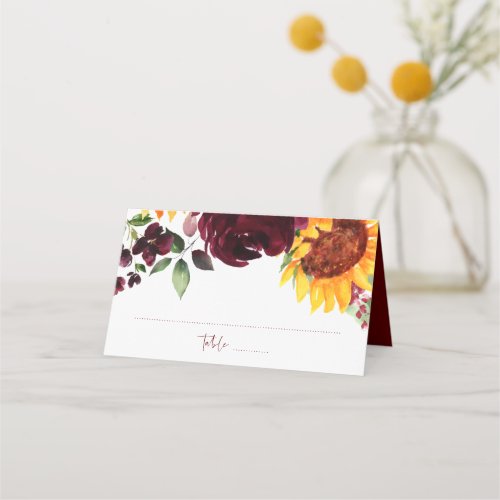 Sunflowers & Burgundy Roses Fall Wedding Place Card