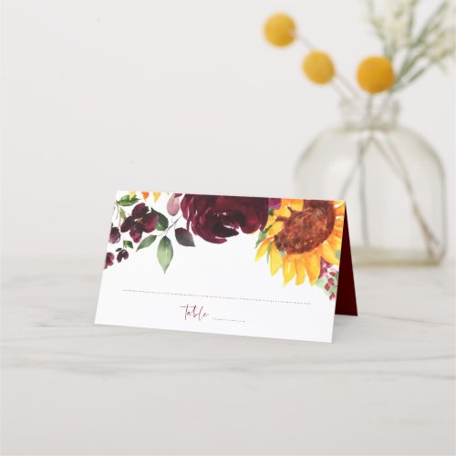 Sunflowers  Burgundy Roses Fall Wedding Place Card