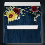Sunflowers Burgundy Roses Navy Geometric Wedding Envelope<br><div class="desc">Design features a printed dark navy blue wood grain background (inside and out) with a geometric gold colored frame that's decorated with burgundy red roses,  blush floral elements,  sunflowers,  greenery and eucalyptus on the interior.</div>