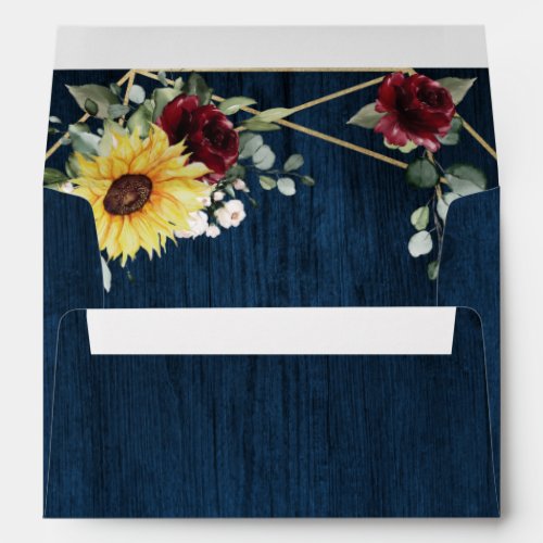 Sunflowers Burgundy Roses Navy Geometric Wedding Envelope
