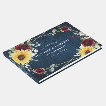 Sunflowers Burgundy Roses Navy Geometric Wedding Guest Book by RusticWeddings at Zazzle