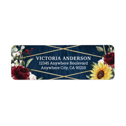 Sunflowers Burgundy Roses Navy Geometric Wedding Label