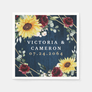 Sunflowers Burgundy Roses Navy Geometric Wedding Napkins