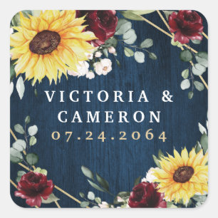 Sunflowers Burgundy Roses Navy Geometric Wedding Square Sticker
