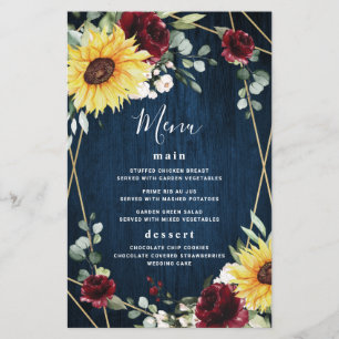 Sunflowers Burgundy Roses Navy Wedding Menu Cards