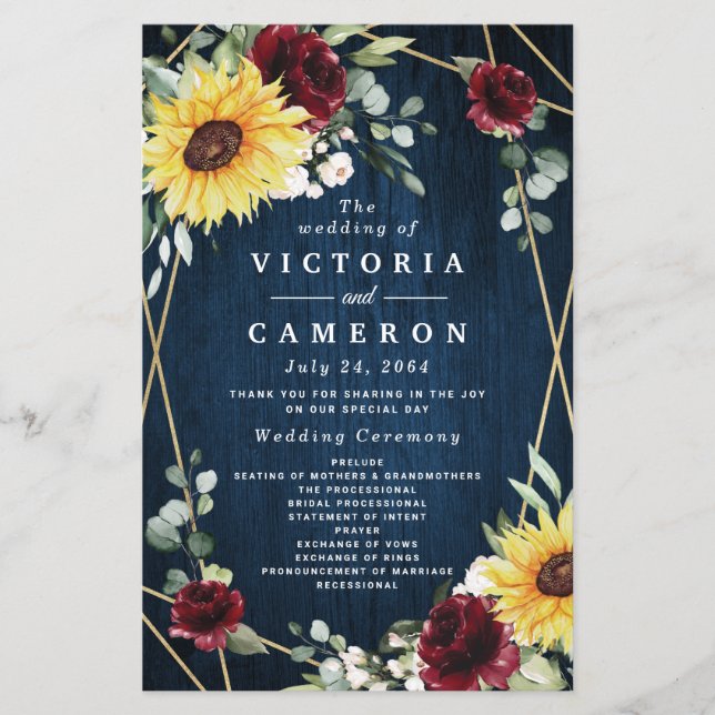 Sunflowers Burgundy Roses Navy Wedding Programs (Front)