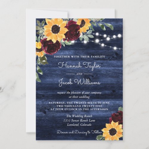 Sunflowers Burgundy Roses Navy Wood Wedding  Invitation