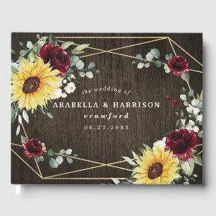 Sunflowers Burgundy Roses Rustic Geometric Wedding Guest Book