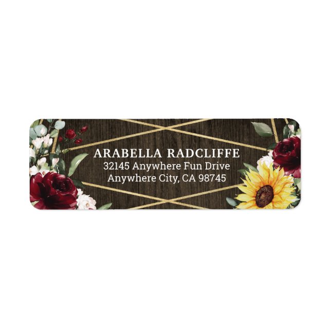 Sunflowers Burgundy Roses Rustic Geometric Wedding Label (Front)