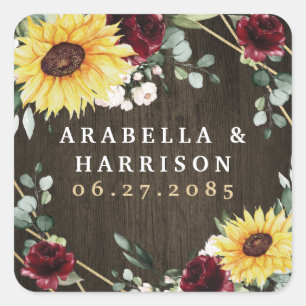 Sunflowers Burgundy Roses Rustic Geometric Wedding Square Sticker