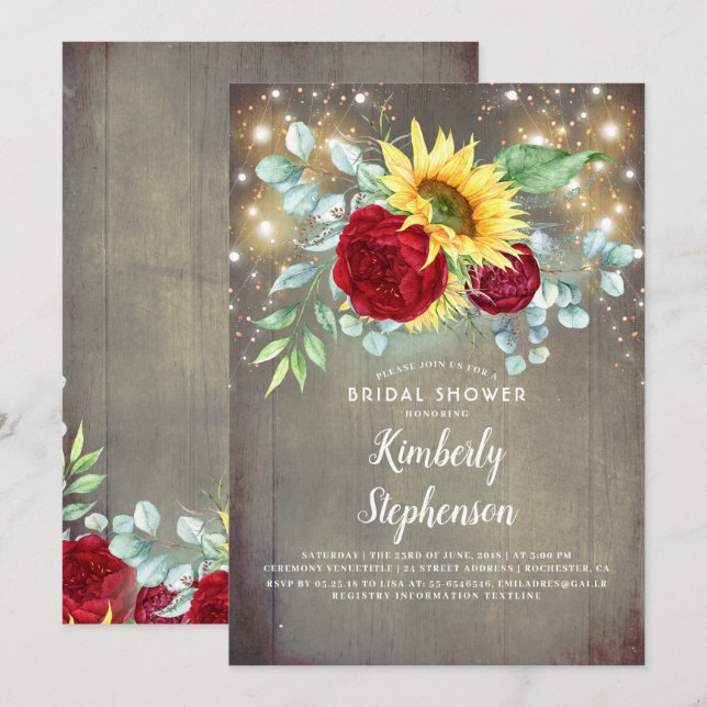 Sunflowers Burgundy Rustic Fall Bridal Shower Invitation (Front/Back)