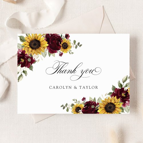 Sunflowers Burgundy Rustic Wedding Thank You Card