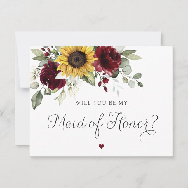 Sunflowers Burgundy Wedding Maid of Honor Card (Front)
