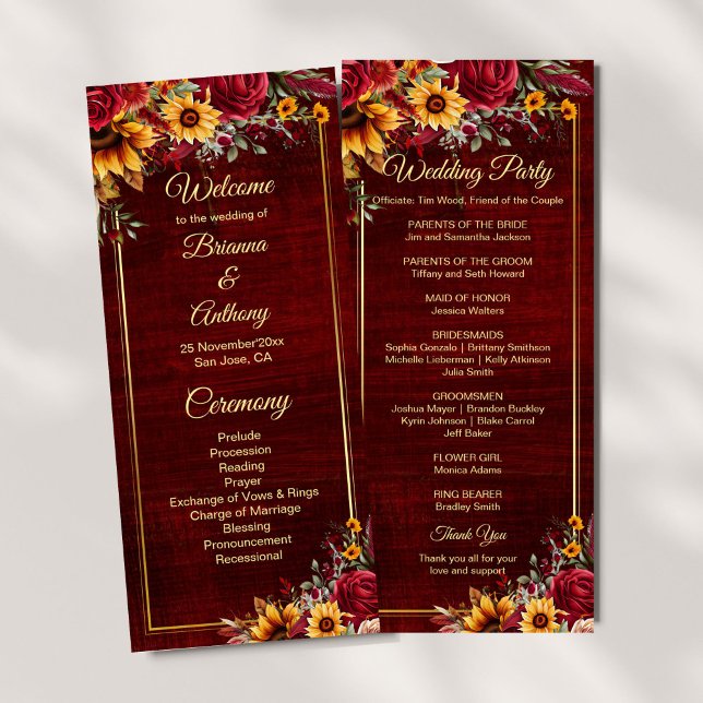 Sunflowers burgundy wedding program (Sunflowers burgundy roses fall wedding program order of service ceremony stationery)