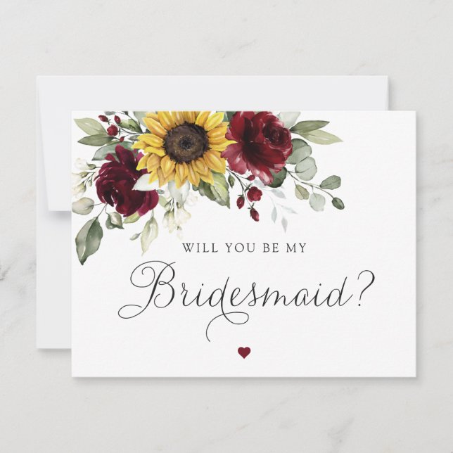 Sunflowers Burgundy Will You Be My Bridesmaid Card (Front)