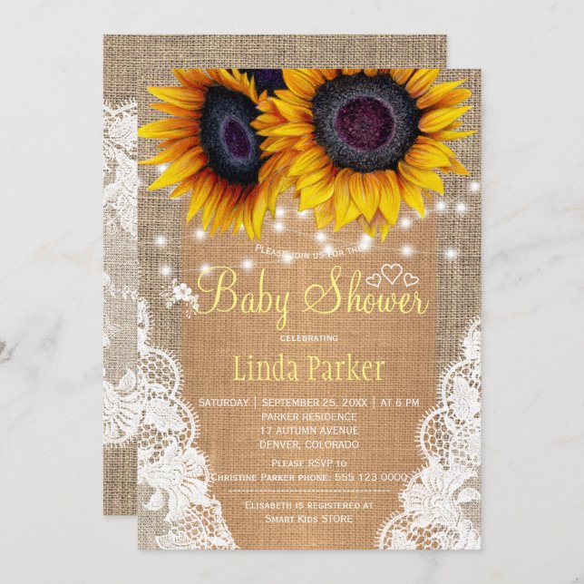 Sunflowers burlap and lace autumn baby shower invitation (Front/Back)