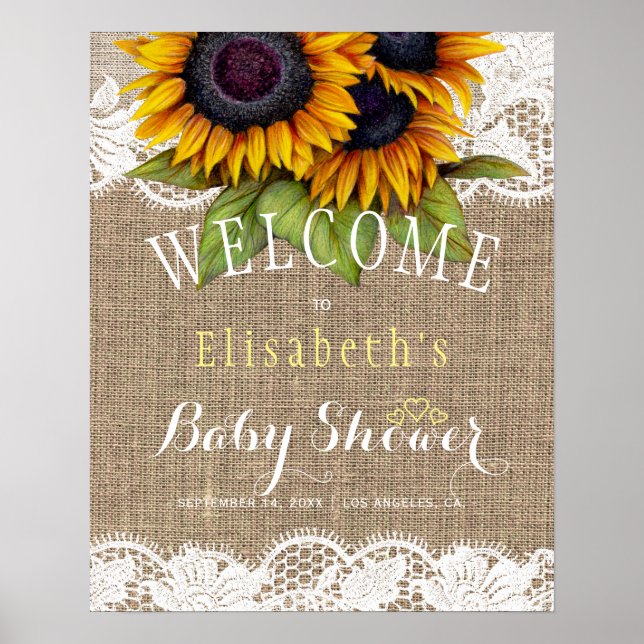 Sunflowers burlap and lace autumn baby shower poster (Front)