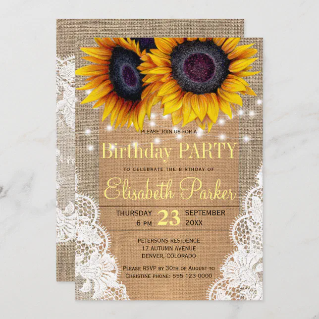 Sunflowers Burlap And Lace Autumn Birthday Party Invitation Zazzle