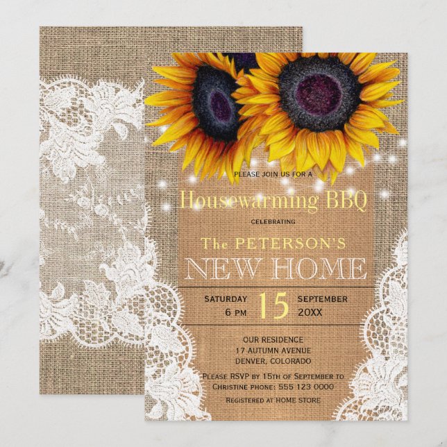 Sunflowers burlap and lace autumn housewarming bbq invitation (Front/Back)
