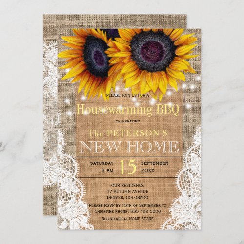 Sunflowers burlap and lace autumn housewarming bbq invitation