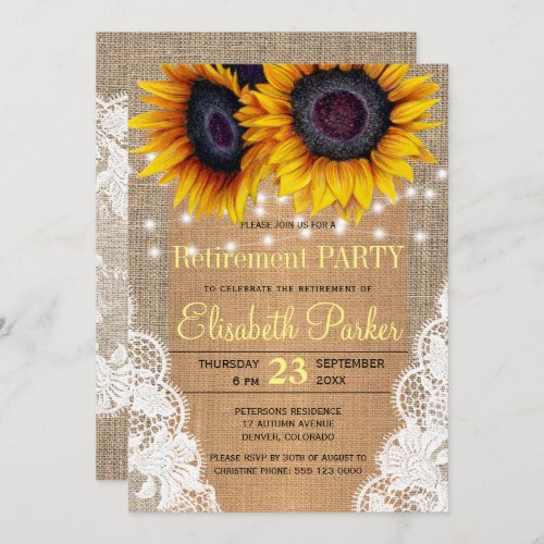 Sunflowers burlap and lace autumn retirement party invitation