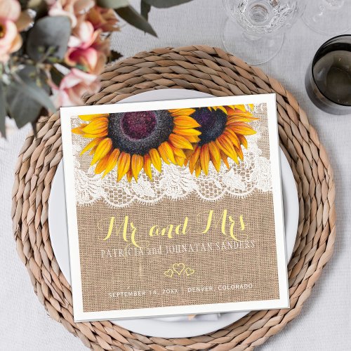 Sunflowers burlap lace mr and mrs rustic wedding napkins